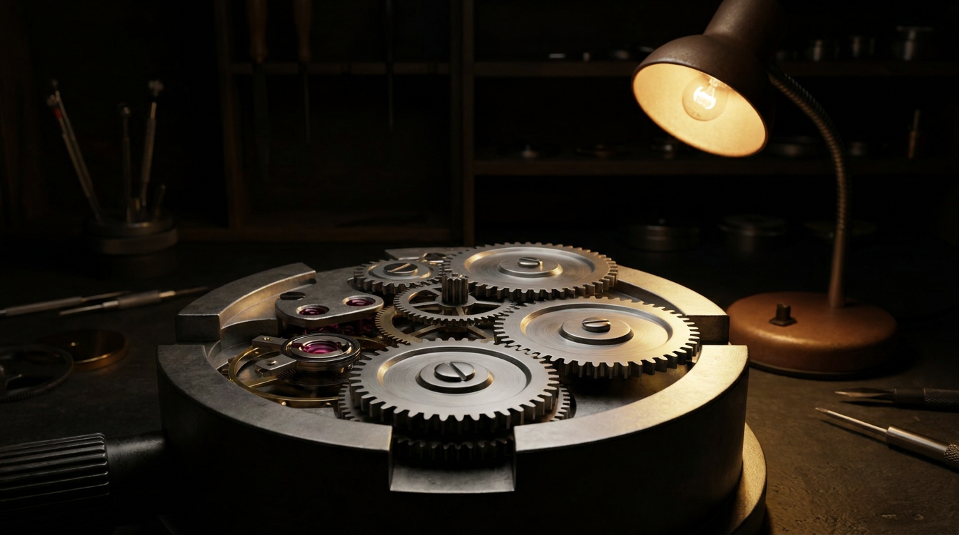 Rouages d'un mouvement sous la lampe d'un établi, la nuit