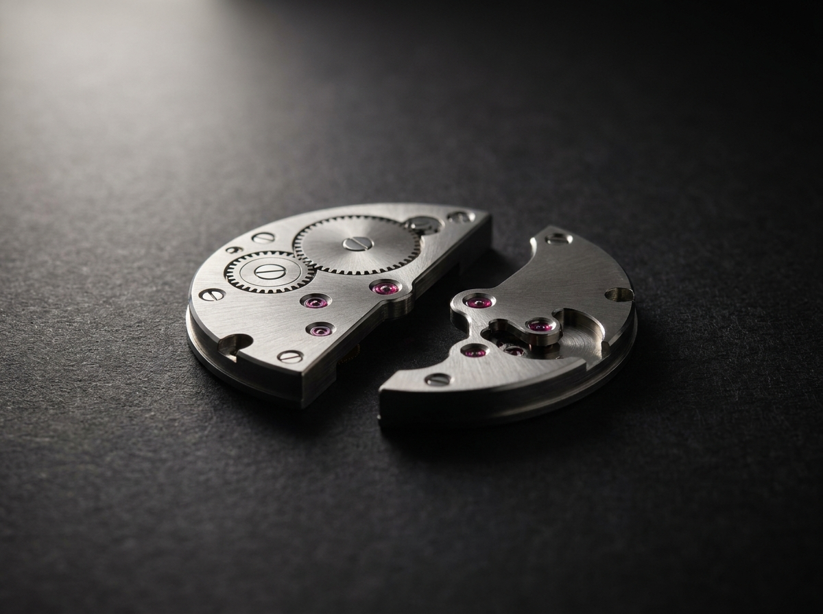 Deux ponts d'horlogerie physiquement séparés sur un établi sombre