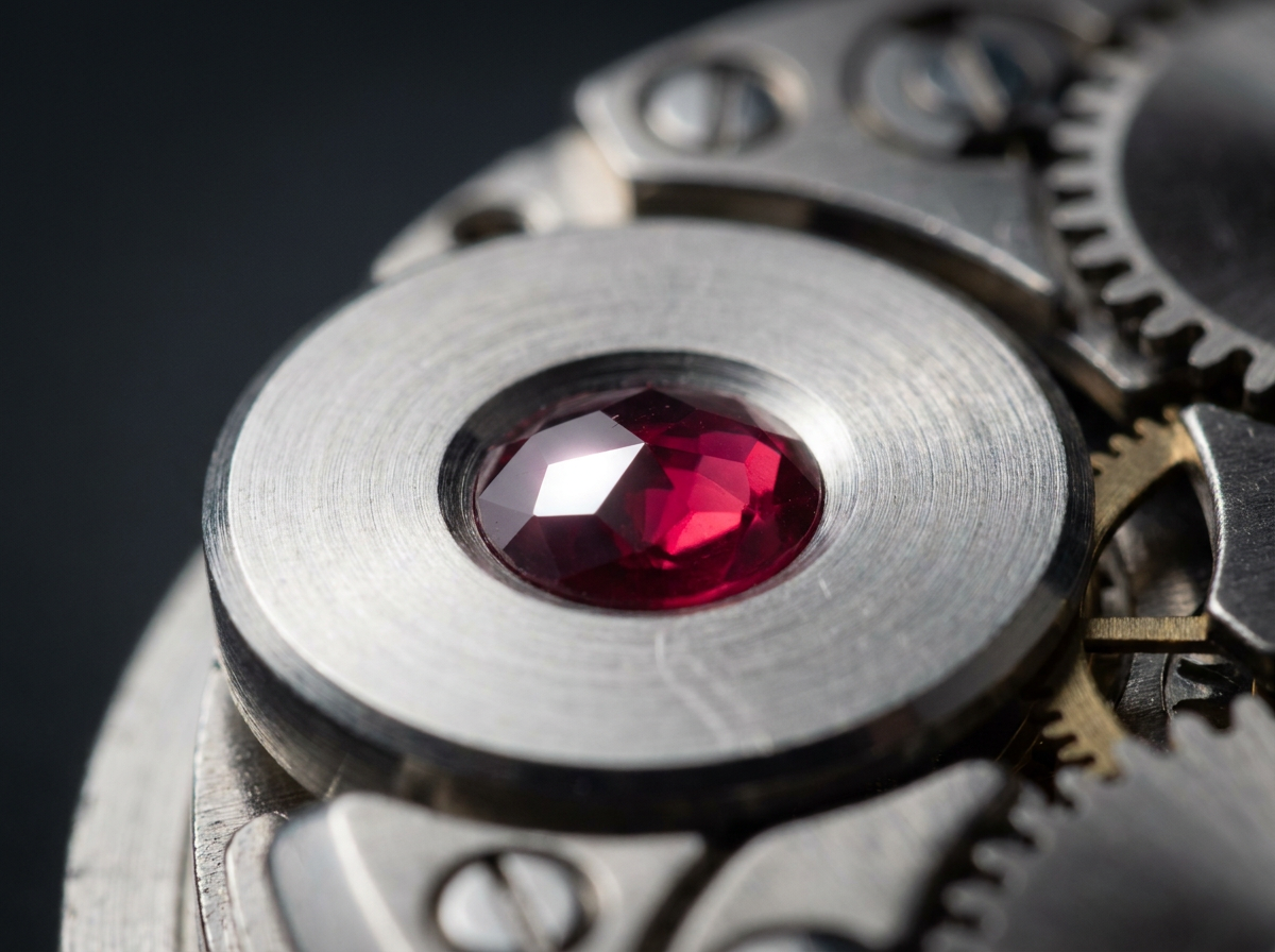 Palier rubis d'un mouvement d'horlogerie en très gros plan